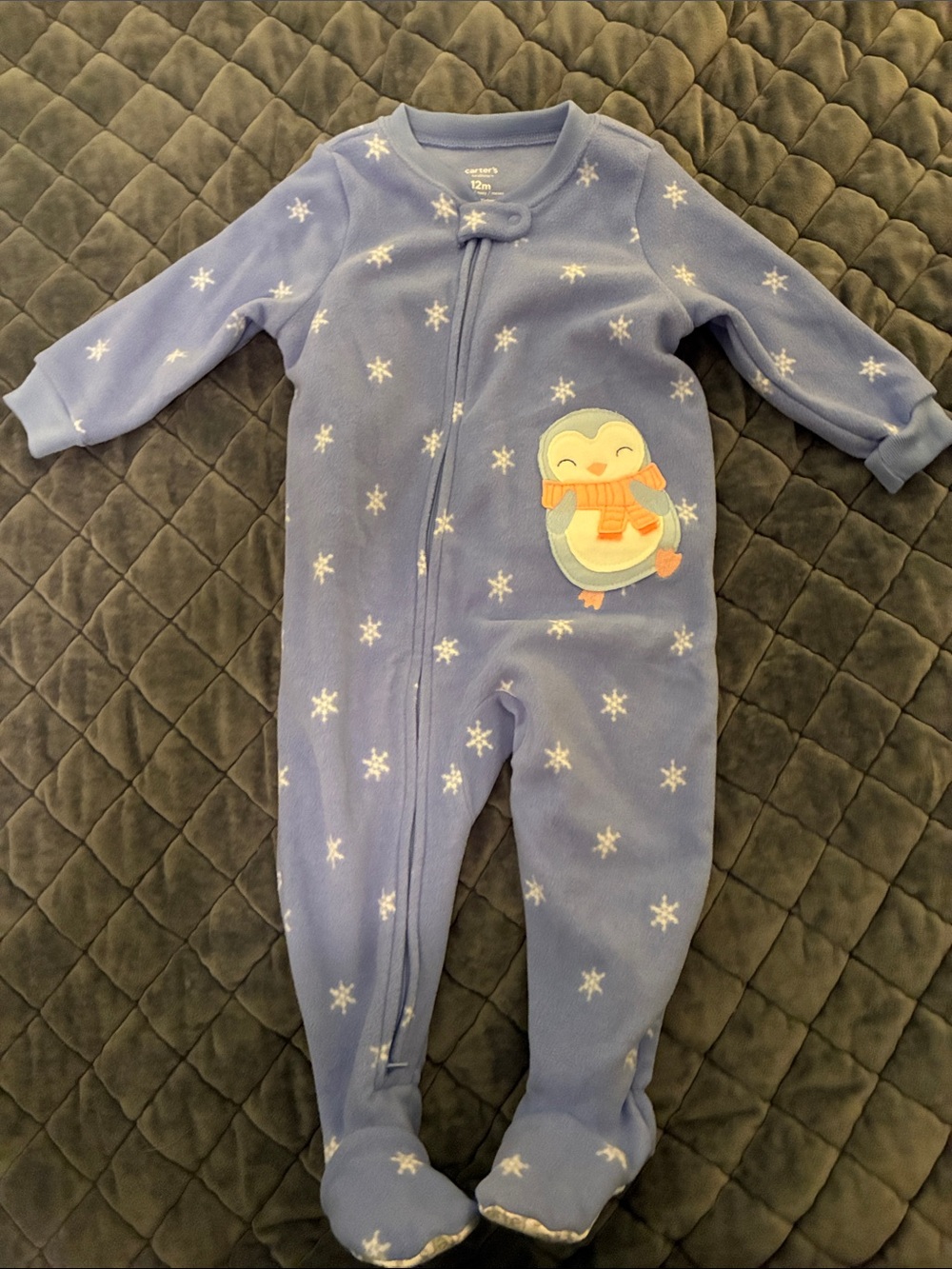 Carter's Light Blue Penguin Applique Fleece Footed One-Piece